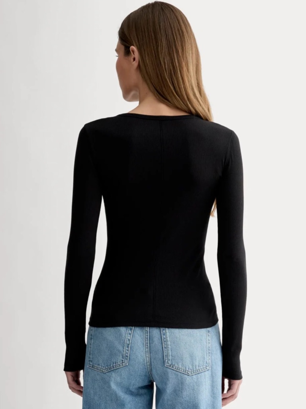 Everlane Lux Supima Micro-Rib Long Sleeve Crew Tee NWT Size Small Black Fitted - Picture 2 of 9